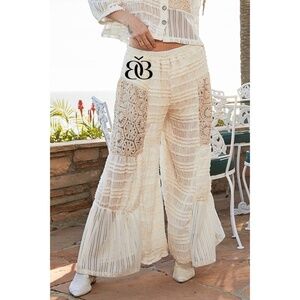 POL Natural Cream Woven Ruffled Wide Leg Pants with Crochet Patch